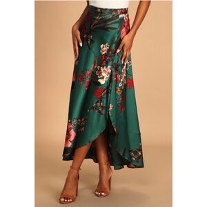 Lulu’s Women's Emerald Green Floral Print Satin High-Low Ruffled Maxi Skirt L